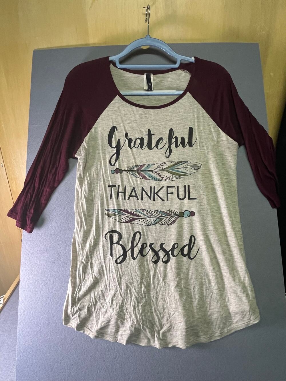 Lovely Souls Grateful Thankful Blessed Raglan Top Maroon Grey Graphic Shirt